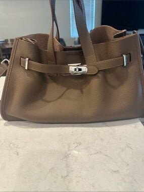 Classic Brown Leather Tote Bag with Silver Hardware